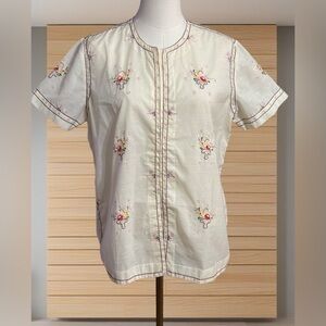 Daffodil Hand Embroidered Boho Cottagecore Blouse Floral Short Sleeve Button L